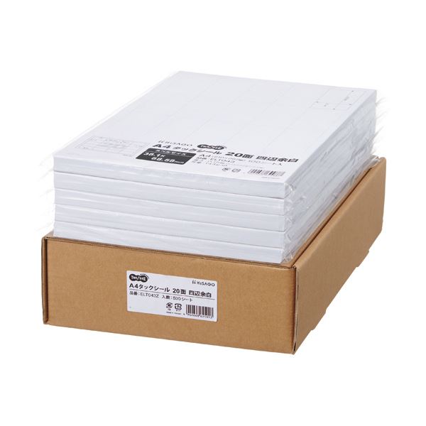 TANOSEE A4タックシール業務用パック 20面 38.168.58mm 四辺余白 1箱（500シート：100シート5冊）