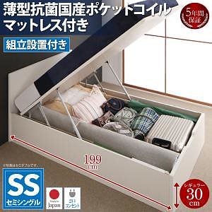 [組立設置付]フラットヘッド コンセント付 跳ね上げ収納ベッド [ムランテ] [薄型抗菌国産ポケットコイルマットレス付き] セミシングル 深さレギュラー [フレーム色]ホワイト