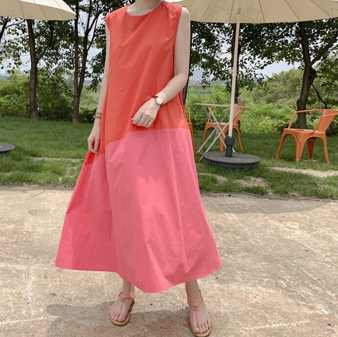 2color ワンピース ロング ロングワンピース ロング丈 膝下 ノースリーブ ラウンドネック A