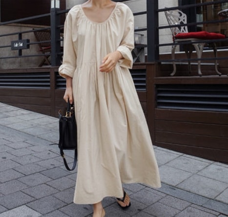 ゆったりナチュラルロングワンピース ワンピース ロング丈 袖あり Aライン スリット 綿 爽やか 大人スタイル かわいい 大人可愛い きれいめ シンプル カジュアル 大人 上品 おしゃれ かっこいい