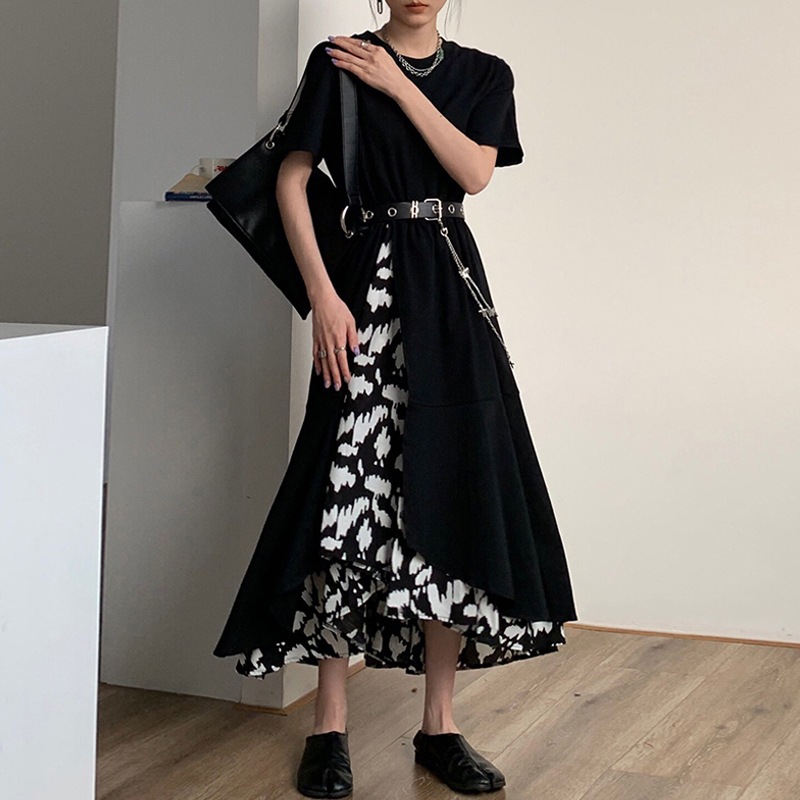 ロングワンピース 半袖 ラウンドネック Aラインワンピース レディース ブラック 黒 全6サイズ M