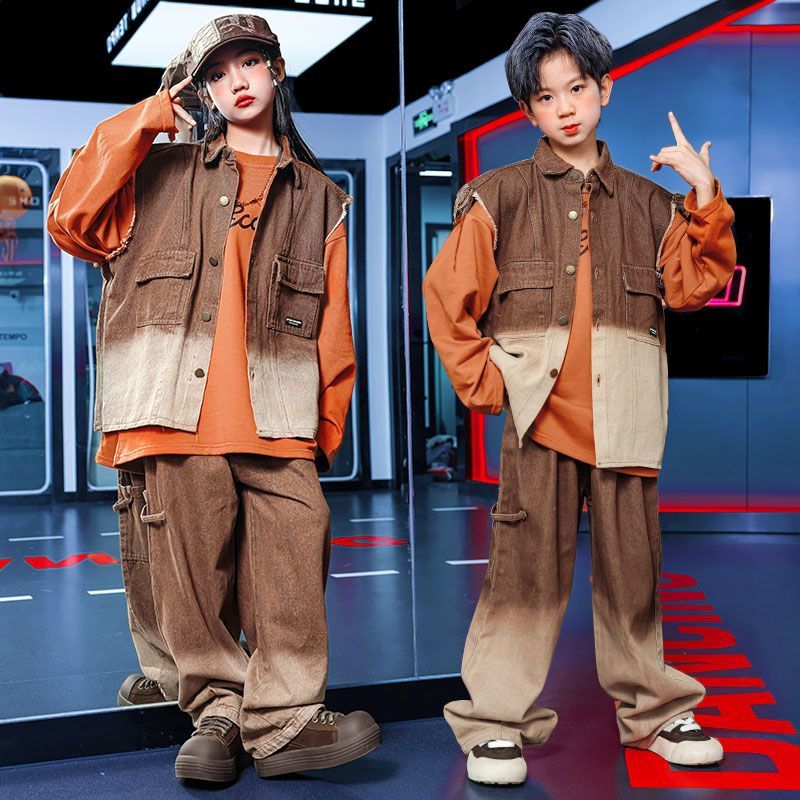 街舞児童潮服演出服男児馬甲セットhiphopヒップホップ童装少女元日演技服
