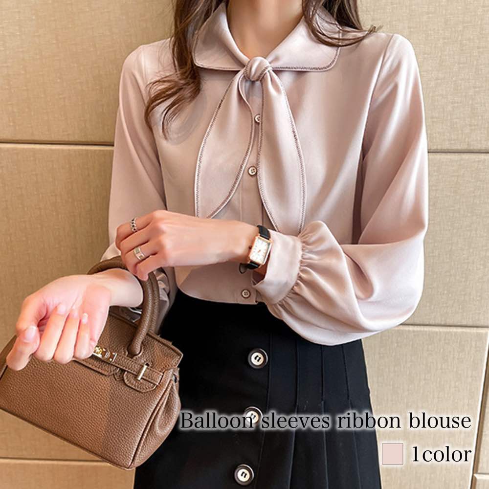 ブラウス レディース バルーン袖リボンブラウス フリル ブランド きれいめ スーツ ワンピース 長袖 カットソー 冬 Tシャツ ノーアイロン 事務服 高品質 オフィス レース 黒 おしゃれ ボウタイ