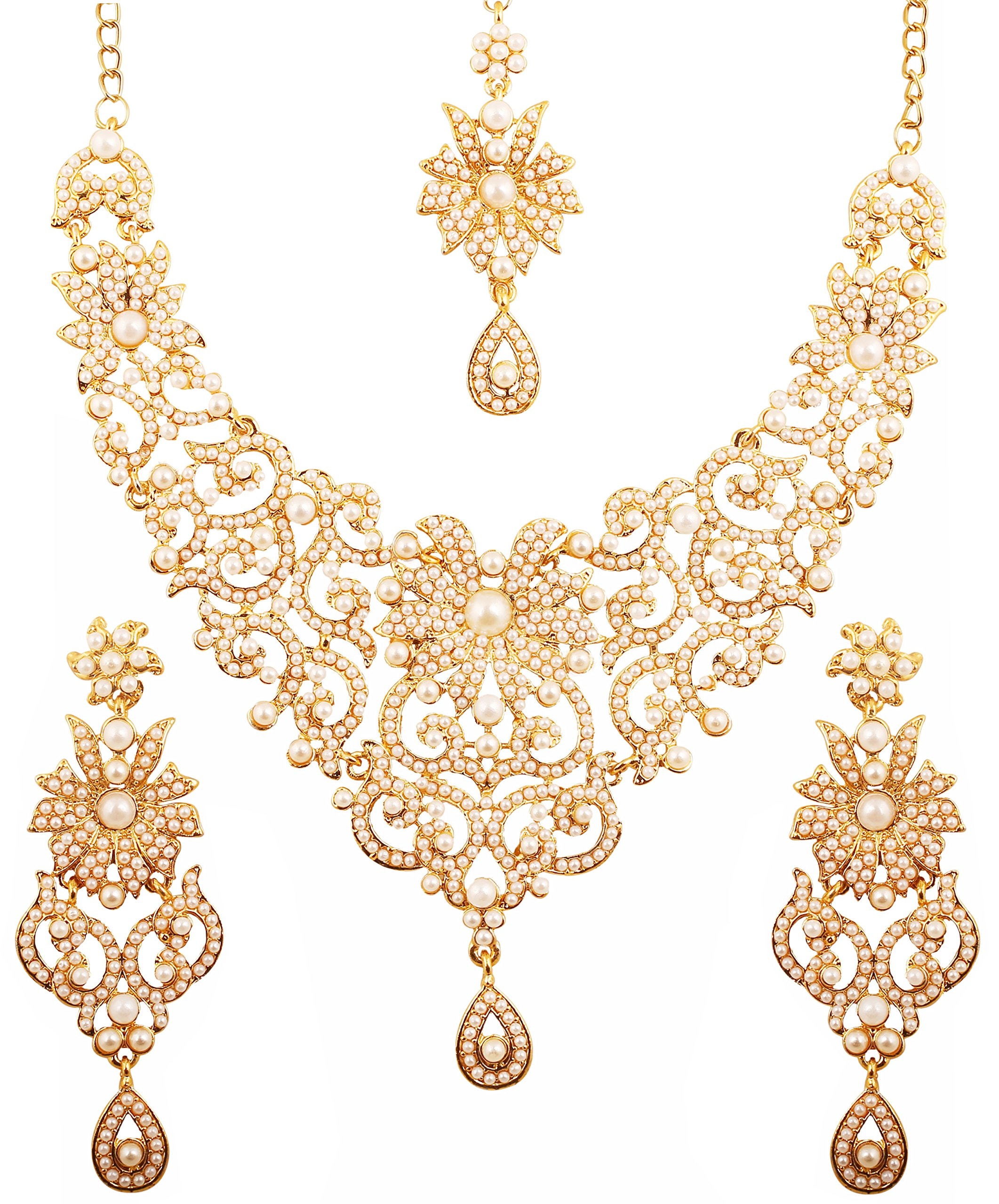 Touchstone Indian Bollywood 伝統王室風魅力のフィリグリー カーブのあるホワイトラインストーン 壮大な婚礼デザイナージュエリー ネックレスセット 女性用 アンティークゴールド 5,437円