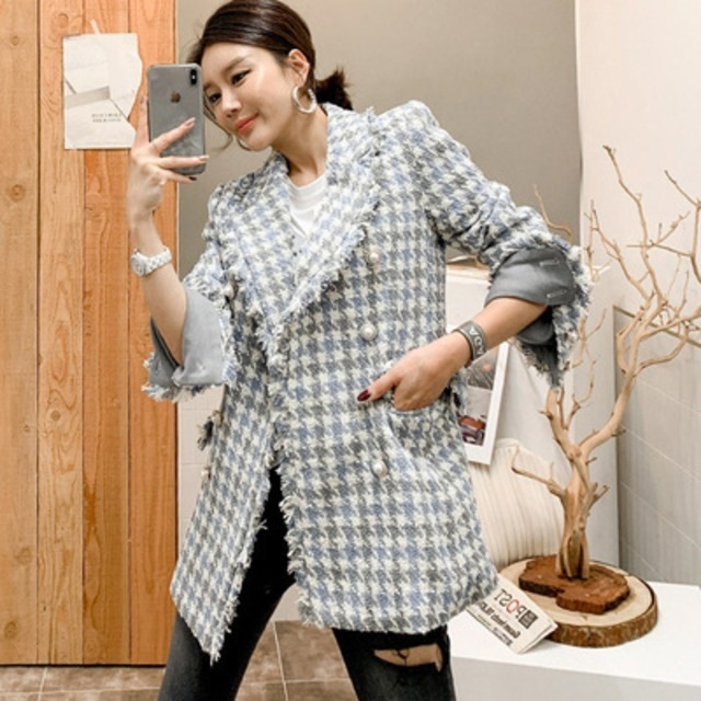 【送料無料】レディース 千鳥格子 ジャケット ブレザー ツイード柄 フリンジ ミドル丈