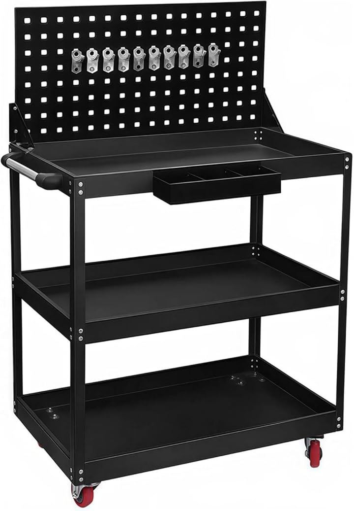 ツールワゴン キャスター付 大型 耐荷重210KG スチール製 業務用 ツールカート (3段 ブラック「メッシュパネルタイプ」, 幅77.5CMx奥行48.5CMx高さ133CM)