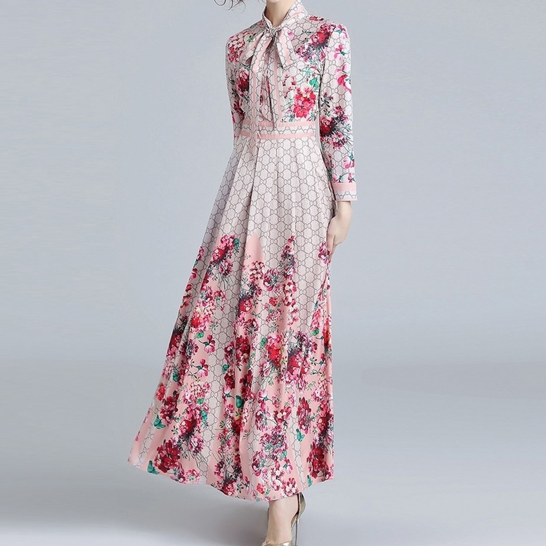 ワンピース レディース ロングワンピース ボウタイ 花柄 ドレス タックワンピ リボン マキシ丈