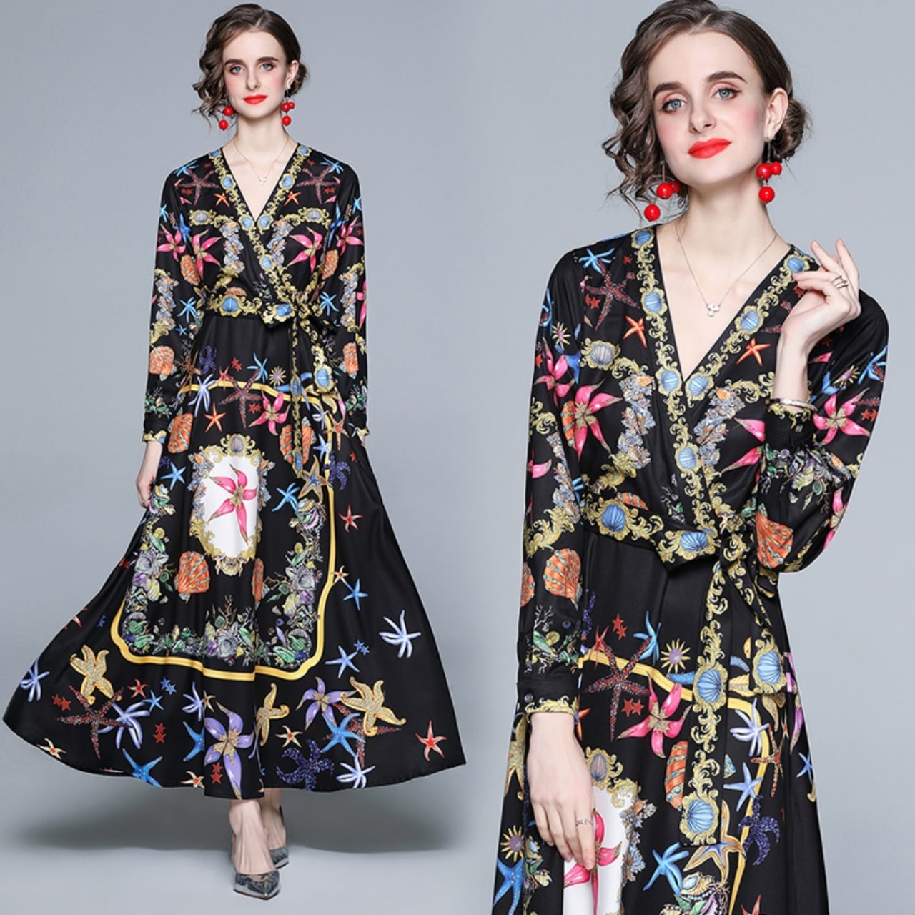 ワンピース レディース ロングドレス カシュクール Vネック 長袖 裾フレア Aライン