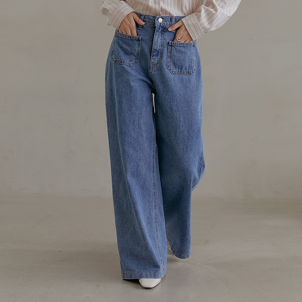 S-XLメルトンミニポケットバンディングワイドデニムパンツ