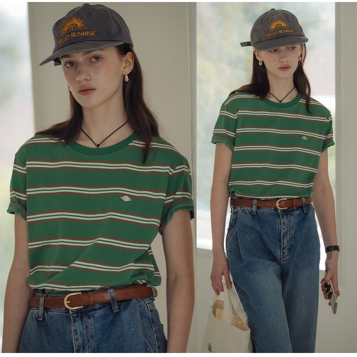 TILLIDIE [韓国スタイルファッション] 24S/S Multi stripe cotton t-shirt_Green