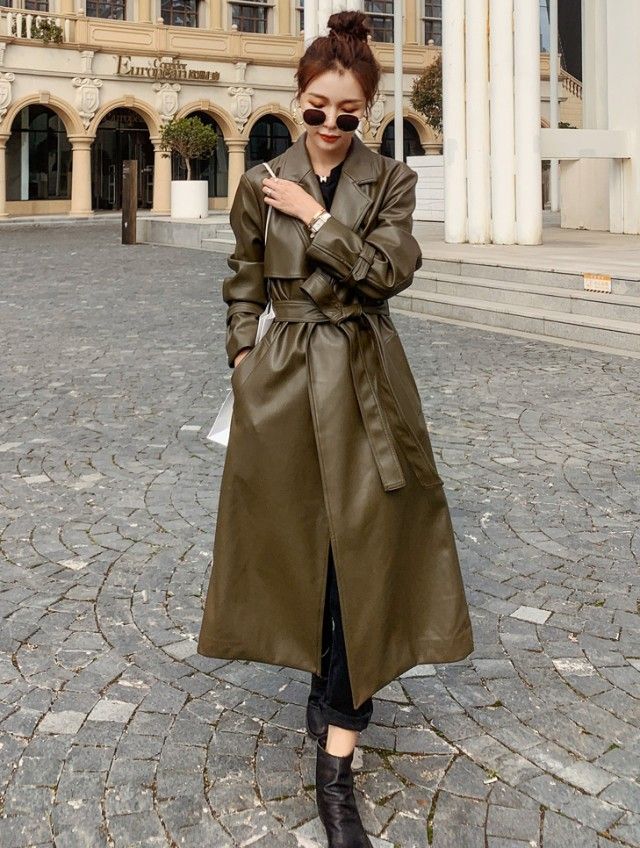 レザーコート レディース トレンチコート フェイクレザージャケット ロング アウター 春 秋 大きいサイズ ウエストマーク ウエストベルト PUレザー 韓国 ファッション 20代 30代 40代 バレ