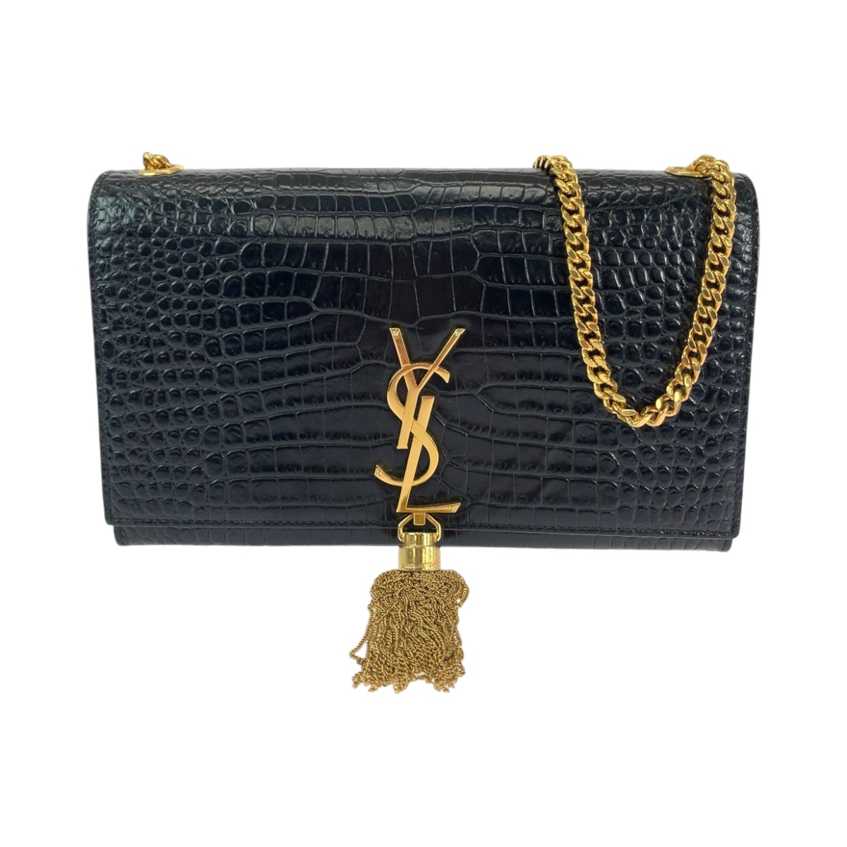 美品 ケイト YSL タッセル 型押し ブラック 黒 ゴールド金具 レザー チェーンショルダーバッグ 斜め掛け レディース 408784