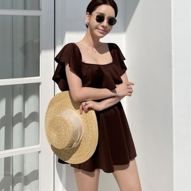 スイムウエア 水着 ワンピース水着 半袖 スクエアネック オフショル オフショルダー 2way スカート パッド付き 可愛い かわいい 大人可愛い シンプル カジュアル 大人 おしゃれ お洒落