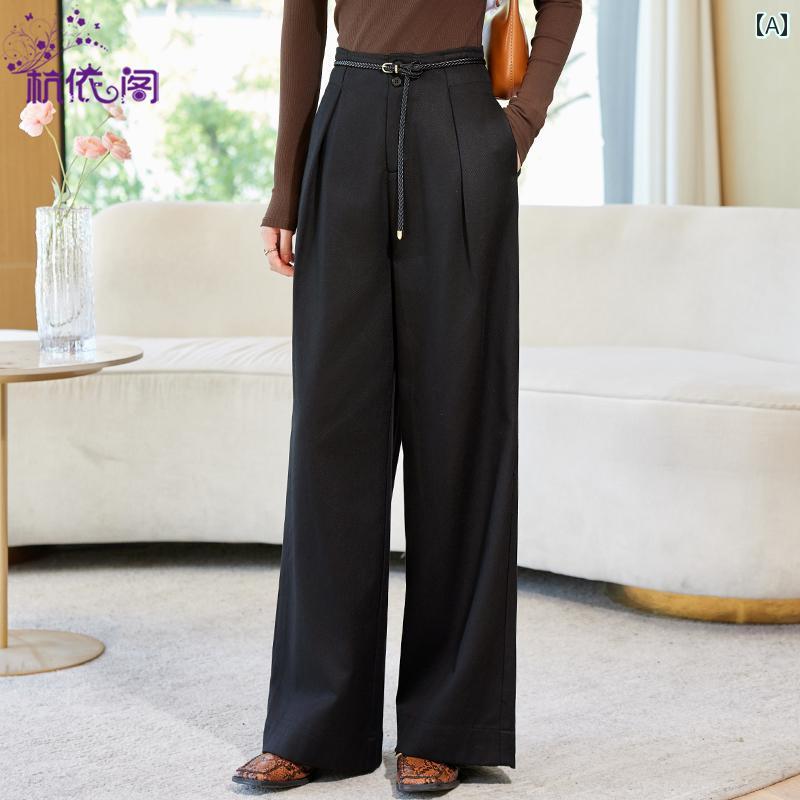 ズボン レディース カジュアル おしゃれ ファッション パンツ 黒 ストレート カジュアル 秋 ハイウエスト スリム ワイドレッグ ドレーン グ