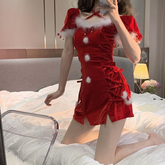 サンタコスプレ クリスマス ネックドレスをぶら下げぬいぐるみ女性秋と冬の新しいレース腰セクシーなオープンパッケージのヒップショートスカート レディース
