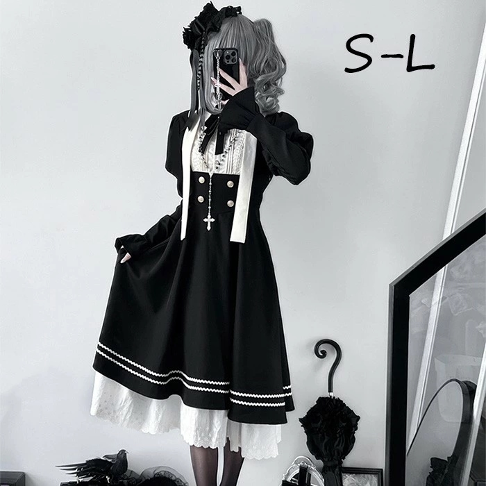【品質良い 大好評中】ロリータ コスチューム ハロウィン ワンピース レトロ風 リボン レディース ゴスロリ 暗黒風 ロリィタファッション 長袖 フリル コスプレ 衣装 洋服 可愛い セクシー 日常