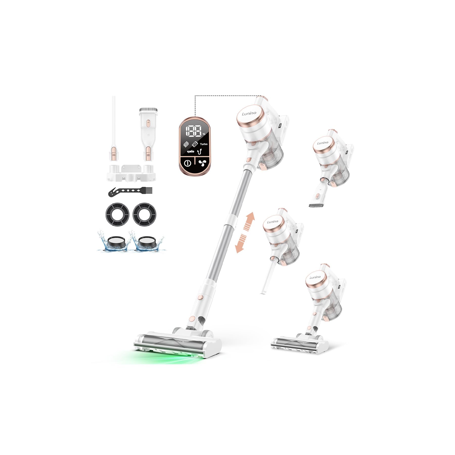 掃除機 コードレス【7月新登場！業界初片手UIデザイン・60Kpa超強力吸引・デュアルブラシレスモーター・グリーンLEDライト・65分連続稼働・自立式】LUNINO コードレス掃除機 軽量 サイクロン
