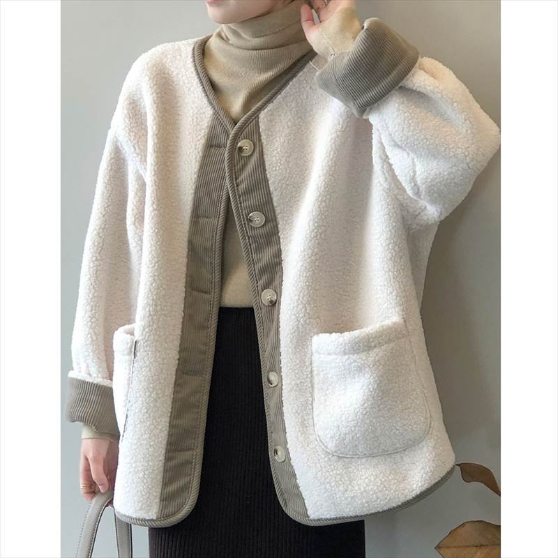 アウター レディース ボアジャケット コート 長袖 ラウンドネック ボタン 前開き ポケット 切り替えデザイン ドッキング コーデュロイ バイカラー かわいい 大人可愛い カジュアル おしゃれ ボーイ