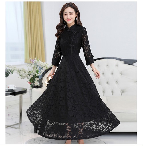 A1101.チャイナドレス風シースルーレースフレアワンピース（ブラック）2019 春夏 sale ドレス エレガント お呼ばれ 結婚式 披露宴 パーティー 女子会 レストラン デート