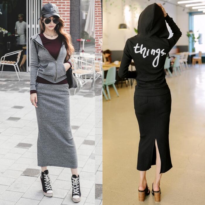 セットアップ 2点セット トップス スカート 長袖 パーカー フーディ ロゴ ミモレ丈 きれいめ カジュアル おしゃれ 大人 可愛い リラックス タイト スリム 楽ちん ウエストゴム スポーティ グレ