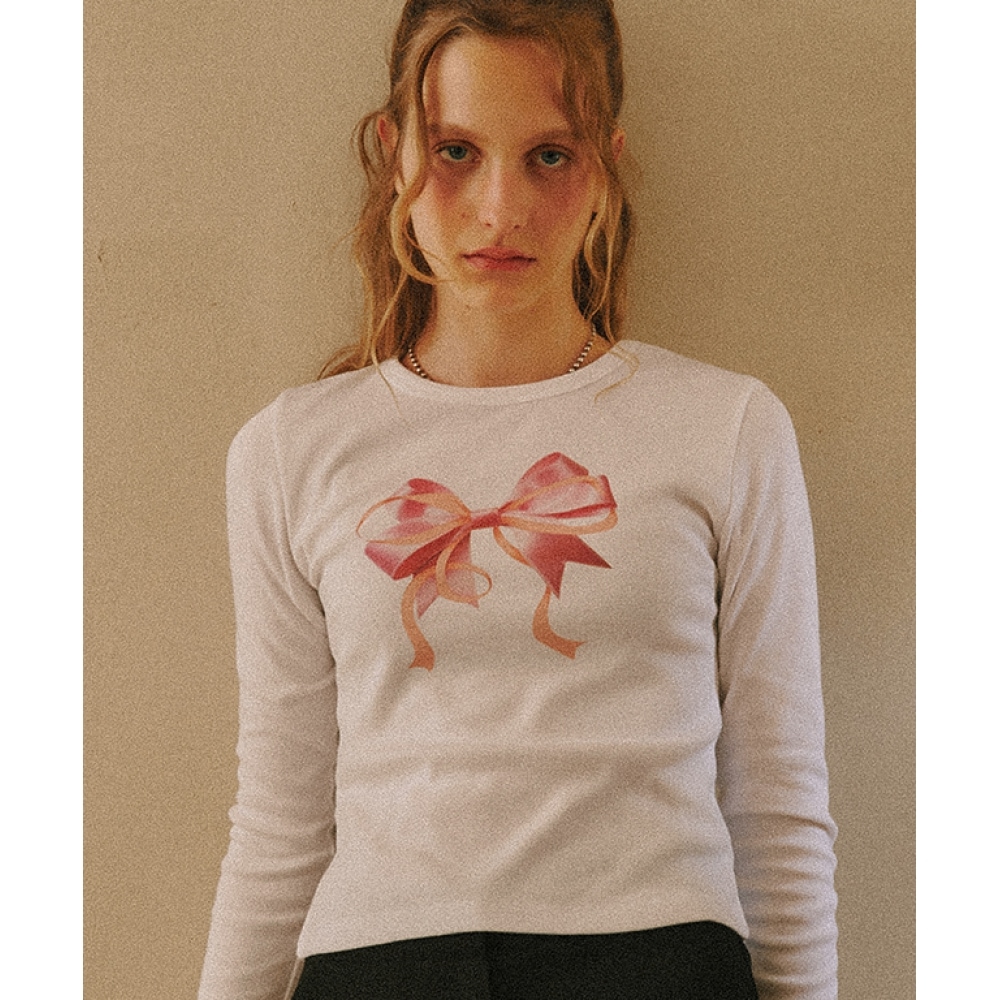 RONRON ダブルリボンスリムクロップド長袖 ホワイトピンク