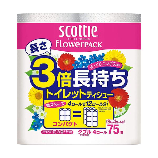 （まとめ）日本製紙クレシア スコッティ フラワーパック 3倍長持ち ダブル 芯あり 75m 1パック（4ロール） 10セット