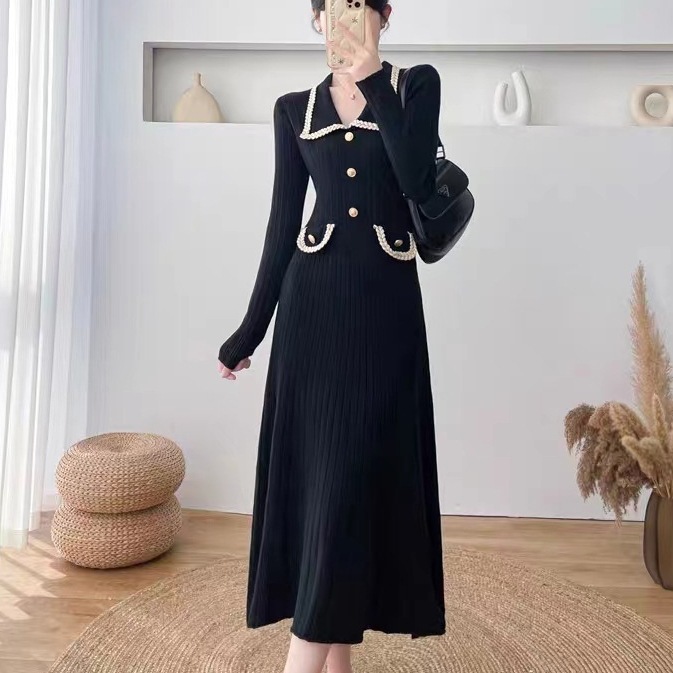 新しい中国風の小さな香りのよいミドル丈ニットドレスファッショナブルな秋冬の新しいエレガントで絶妙な女性用セータースカート