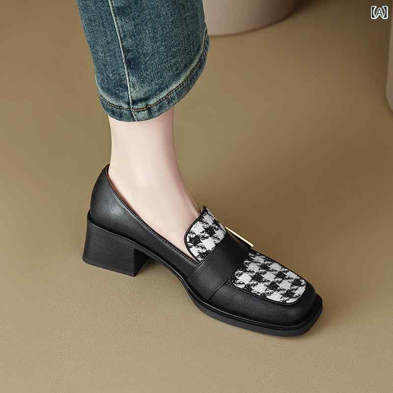 ローファー レディース オフィス 通勤 仕事 春秋 革 レトロ 女性 スクエアトゥ 太い ヒール ハイヒール 深い 口 エレガント 靴