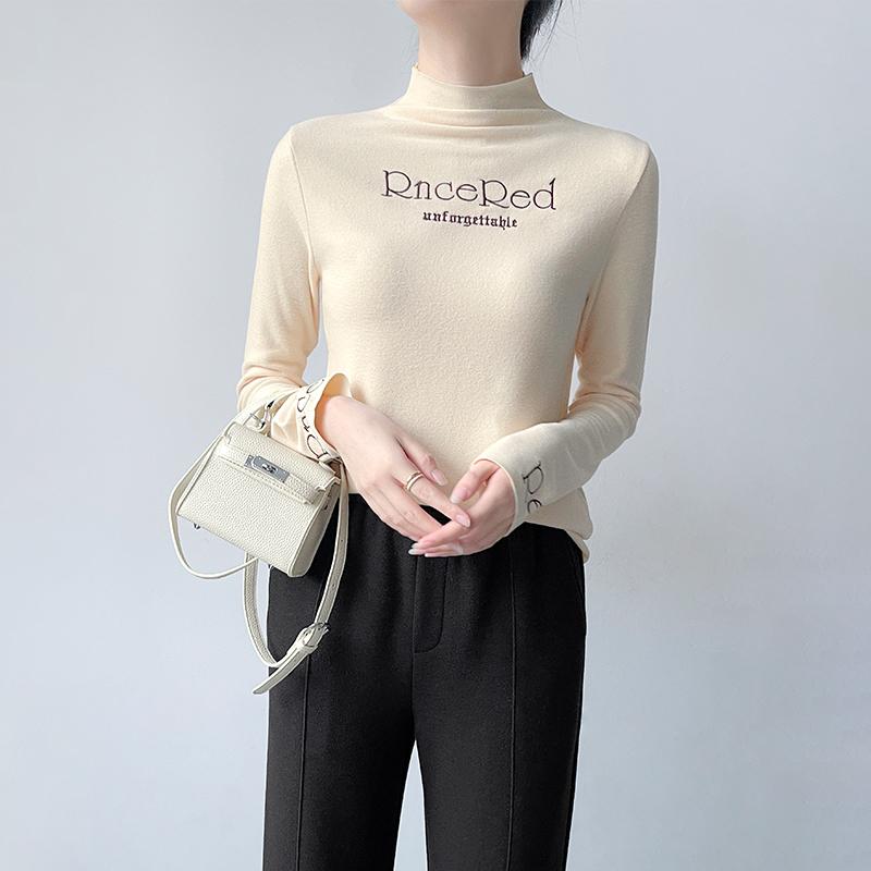 トップス シャツ ハイネック スタイリッシュ 秋冬 タイト 暖かい レタリング 刺繍 レディース ファッション カジュアル ベーシック