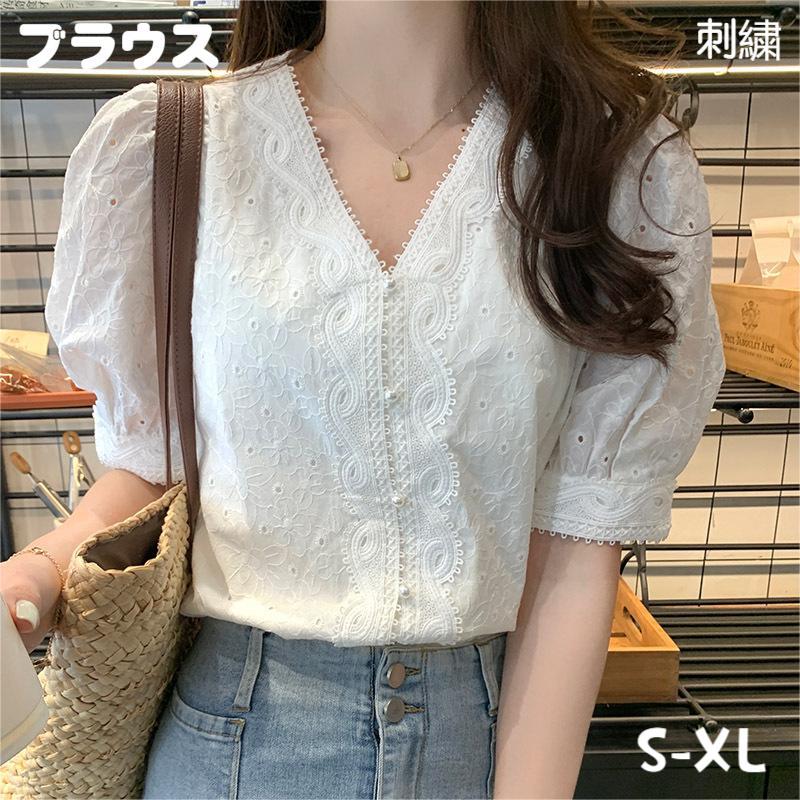 レース長袖ブラウス 刺繍 Vネック ブラウス ボリューム袖 レディース レース バブルスリーブ シャツ 春夏秋 涼しい きれいめ 大きいサイズ カジュアル フリル 花柄 袖口ゴム 薄手 半袖 カットソ