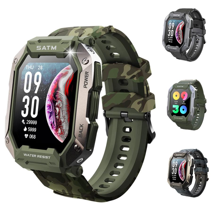 アウトドアスマートウォッチ Bluetooth5.0 耐衝撃 金属製 50m防水 SMS/Twitter/Line着信通知 着信表示 1.71インチ　丈夫 耐衝撃性 24種類の運動モード 50メートル