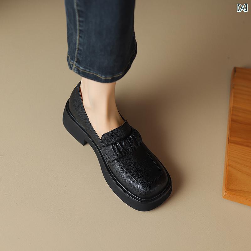 ローファー レディース オフィス 通勤 仕事 春秋 英国 スクエアトゥ 厚底 ミディアム ヒール 太い ヒール 女性用 黒 深口 シングル シューズ シープスキン