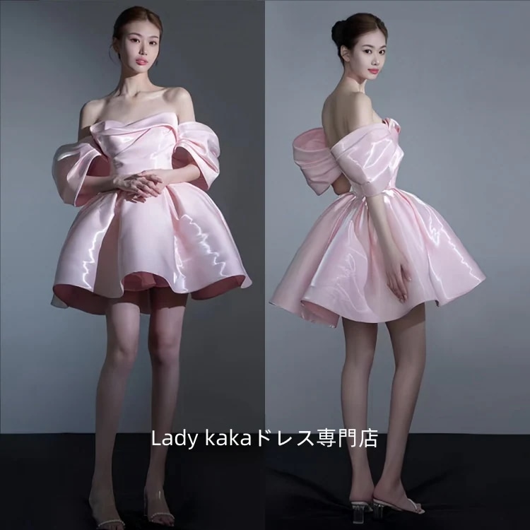 パーティードレス ピンク ミニスカートのドレス ウエディングドレス前撮り 後撮り 撮影 新婦 結婚式 二次会 披露宴 シンプル 花嫁ドレス 海外挙式