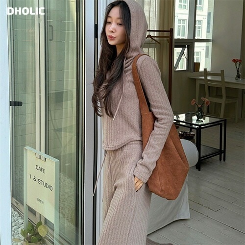 [メガ割りSALE]起毛オープンリブニット&ワイドパンツSET