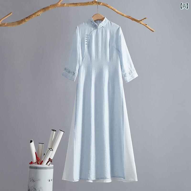 アオザイ チャイナドレス 夏 レディース ワンピース レトロ 通常 普段着 ロング丈 バックル スリム ハイスリット ホワイト