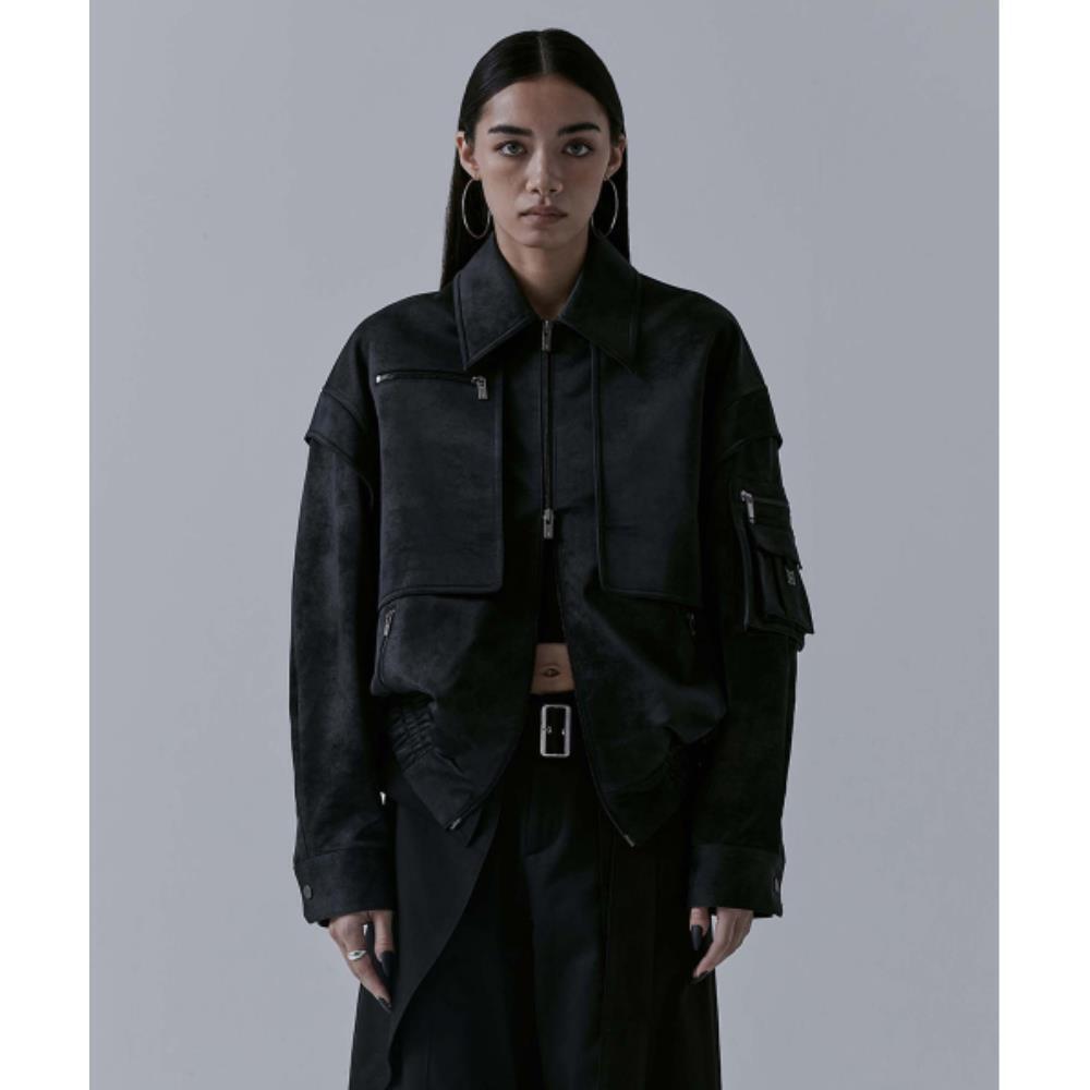 TREEMINGBIRD Suede Matte Leather Jacket Black TM2479JK