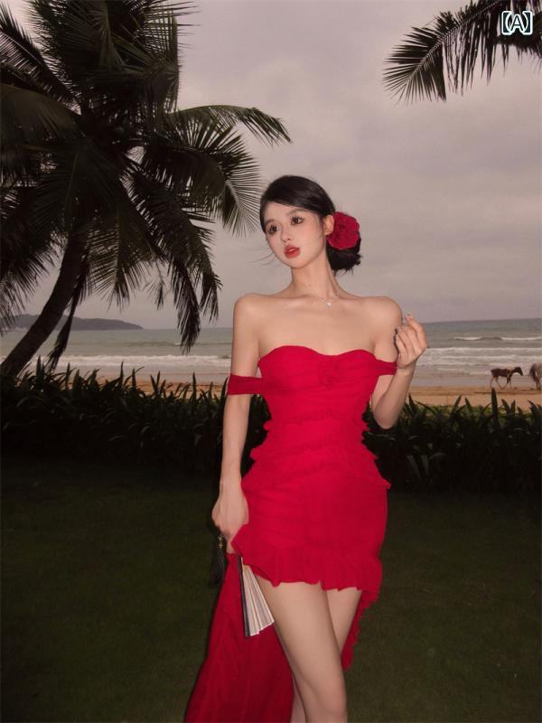 ワンピース レディース レトロ 立体的 花柄 チューブ トップ ドレス 女性用 夏用 セクシー フリル 魅力 エレガント ノースリーブ