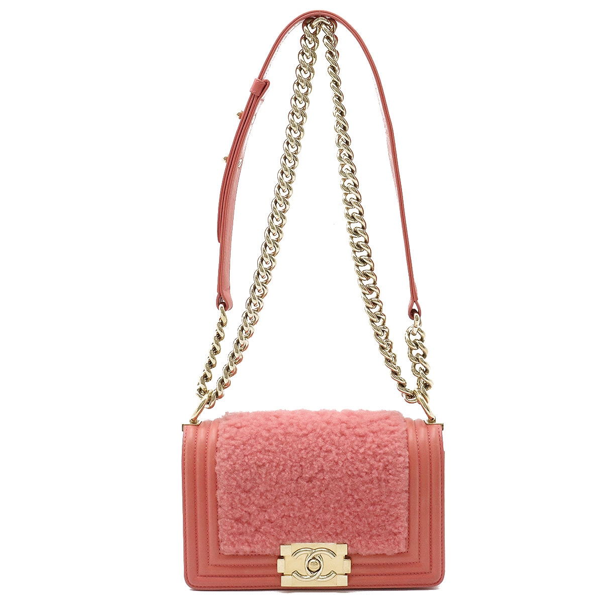 ボーイシャネル ボア チェーンバッグ ショルダーバッグ 2WAY クラッチバッグ ムートン レザー コーラルピン