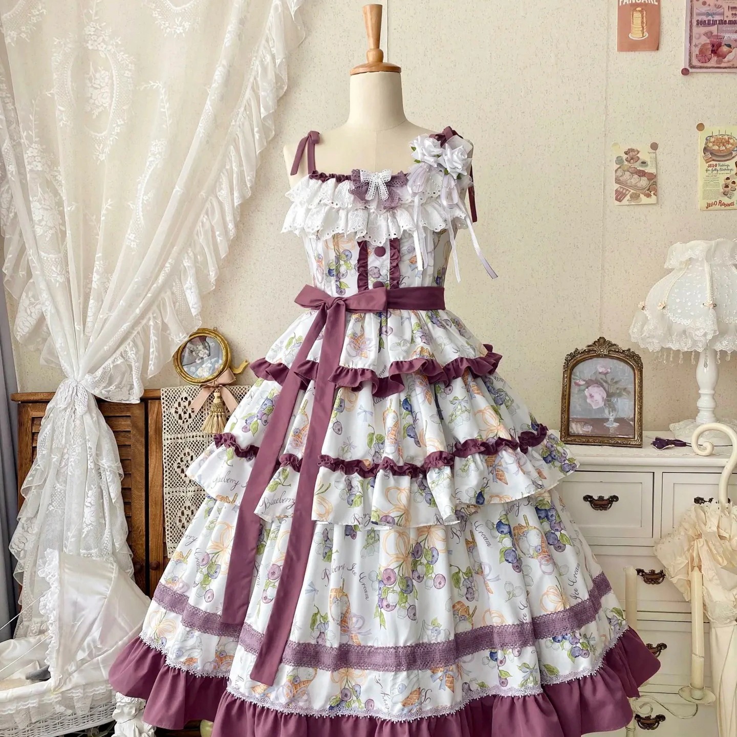 正規品プリントブルーベリー段ストラップlolitaロリータロングjskワンピース