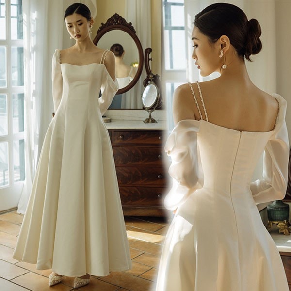 花嫁 ウェディングドレス プリンセスライン 白ドレス トレーンドレス 長袖 ワンピース プリンセス シンプル 結婚式 披露宴 前撮り 後撮り 撮影用 フォトウェディング 小柄 小さいサイズ ロング