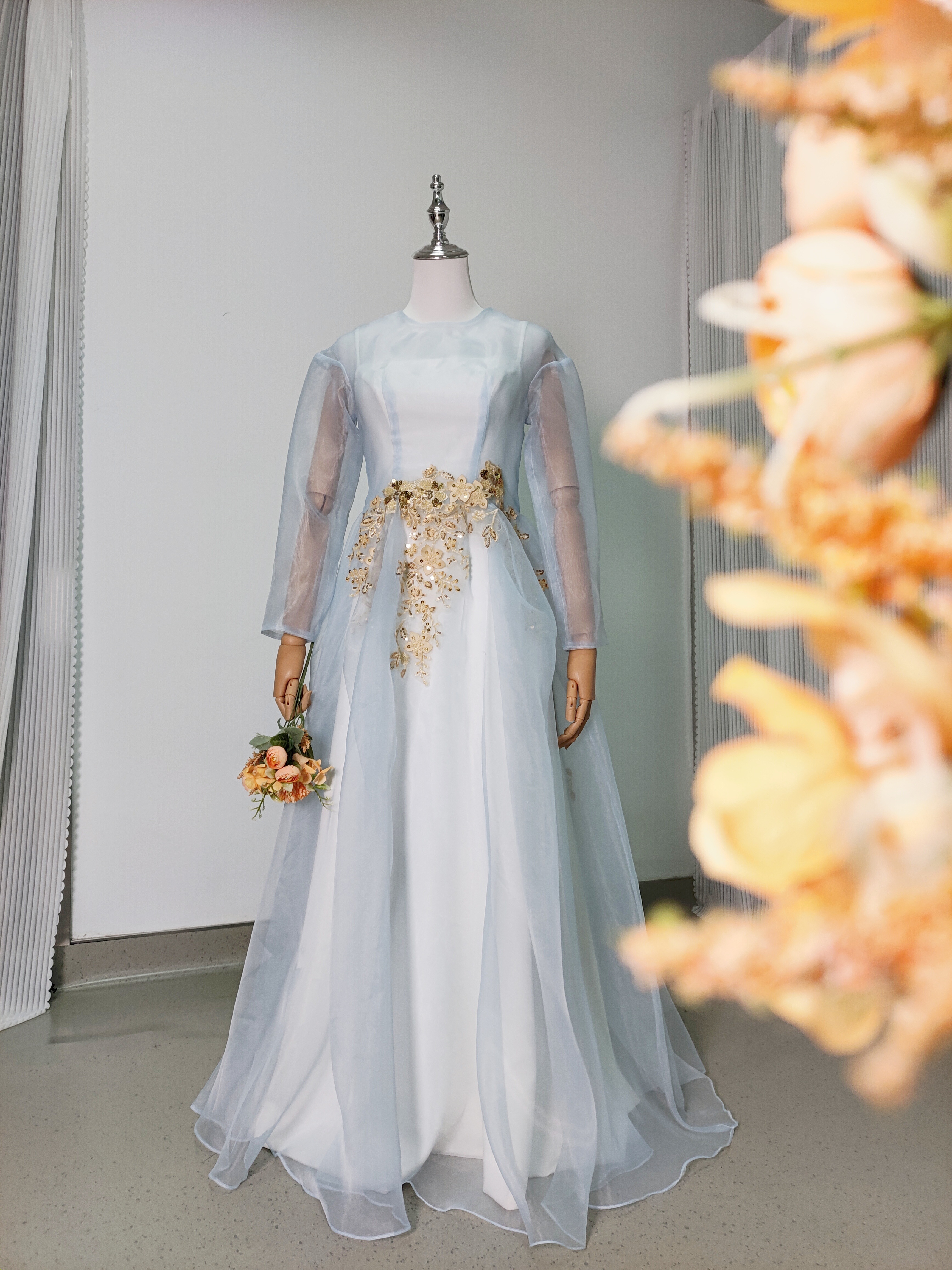 2ways キャミソール+オーバードレス 薄青 キラキラ光る刺繍 ファスナー ロング 2次会/合コン