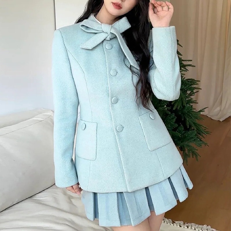 フランス風のエレガントなシャネル風秋冬用ツーピーススーツ：ウールコートハイウエストのプリーツスカート 4,870円