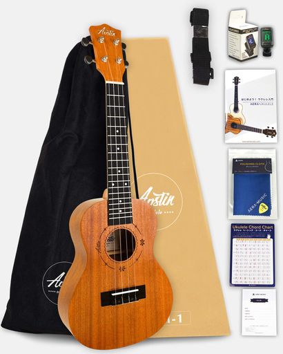 【初心者8点セット!】AOSTINオースティン・UMI-1C(うみ1C)・コンサートウクレレ・マホガニー材【安心の3年保証】【付属品8点セット:国内保証書・チューナー・名曲11選の教則本・コードチャー