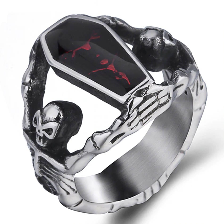 バンパイアスカルブラッドレッドコフィンステンレスリング（RMT442）指輪 骸骨 棺桶 血液 男性