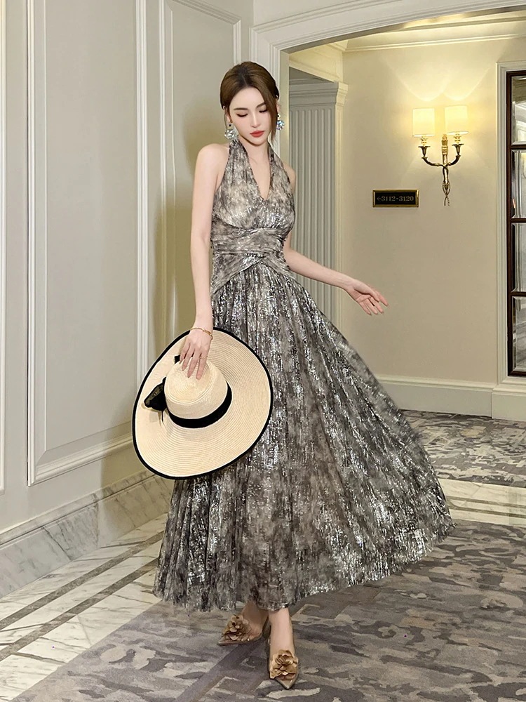 2024夏新品 Vネック ホルターネック ロング シフォンワンピース ドレス パーティー キャバ 大人 同窓会 披露宴 卒業式 結婚式 演奏会 ウェディング 二次会 メガ割30%までに制限