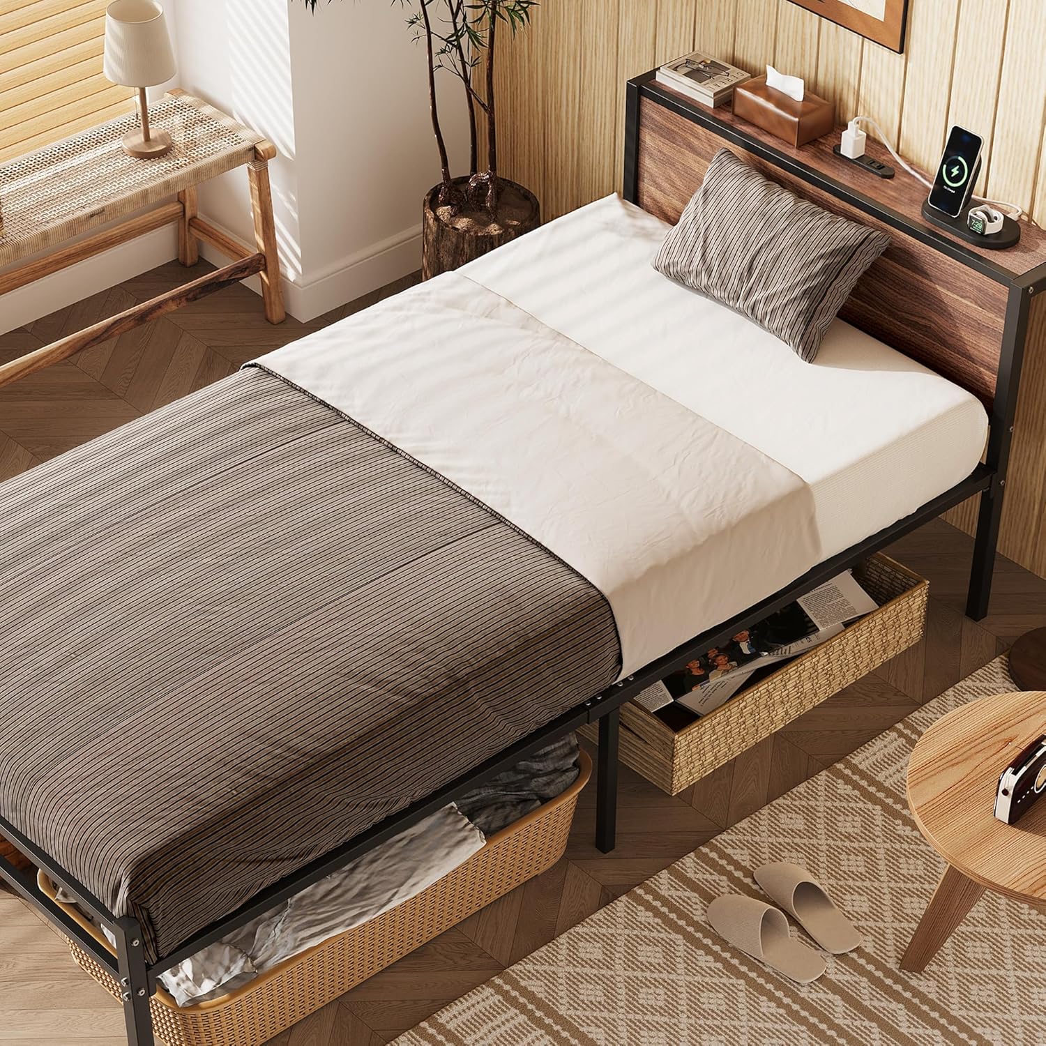 ベッドフレーム 宮棚付き 2口コンセント すのこベッド シングル スチールベッド 収納付き ベッド下収納 カビ防止 一人暮らし 耐荷重250kg モダン ハイタイプ ベッドフレーム単品