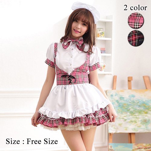 911コスプレ コスチューム ウエイトレス Aライン エプロン キュート リボンタイ フリル リボン チェック レース ピンク レッド フリーサイズ GRAXIA グラシア