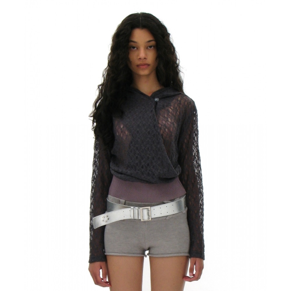 PARTIMENTO レディースレースドレープパーカートップ_チャコール