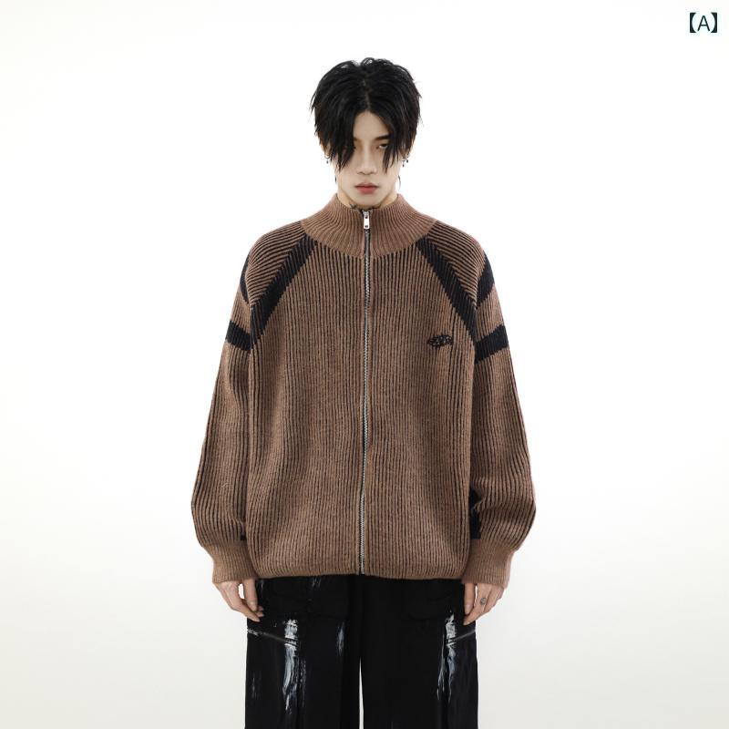 カーディガン メンズ セーター ニット アメリカン レトロ コントラスト タートルネック ジャケット ブラウン ブラック ブルー ジップアップ