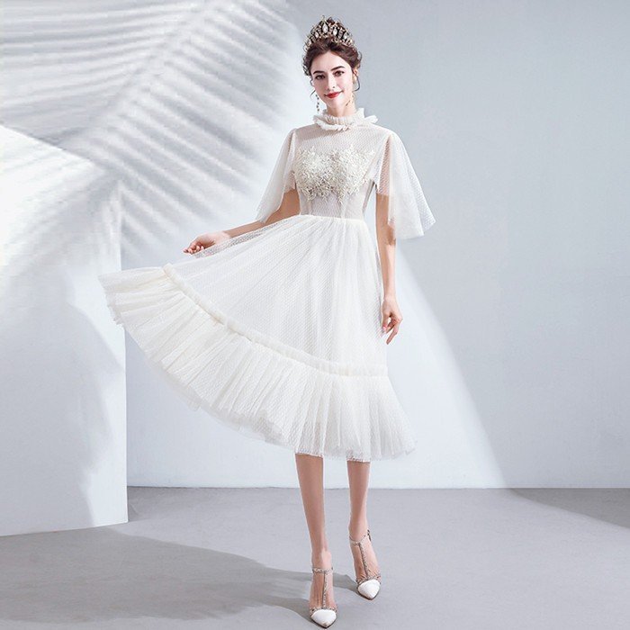 半袖 ミモレ丈 ウェディグドレス 二次会 花嫁 パーティドレス 結婚式 白 ワンピース 演奏会 大きいサイズ 小さいサイズ ドレス 発表会 安い お呼びばれ